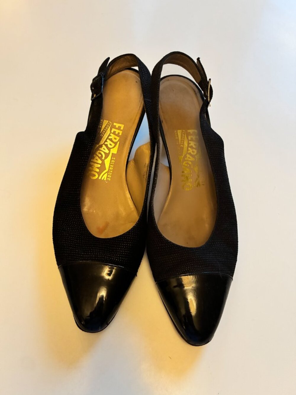 Salvatore Ferragamo Black Pebbled Leather Cap-Toe Slingback Kitten Heels